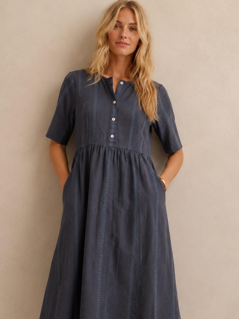 Stevie Hender Gray Cotton Linen Blend Midi Pocket Dress – Size Medium